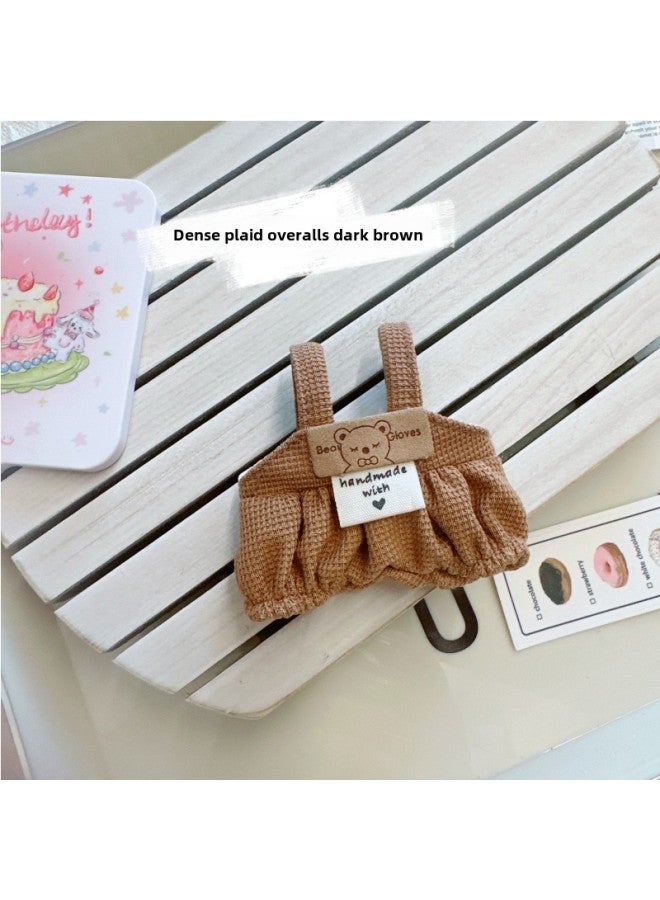 Baby Clothes 10cm Cotton Doll 15cm Overalls T-Shirt Spliced Tassel Fisherman Hat Pull Cloth Clothing Accessories-Specifications:10cm-Color:Dense Plaid Overalls Dark Brown - Image 1