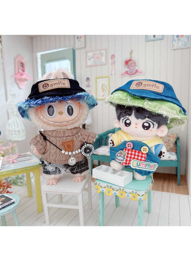 Baby Clothes 10cm Cotton Doll 15cm Overalls T-Shirt Spliced Tassel Fisherman Hat Pull Cloth Clothing Accessories-Specifications:10cm-Color:Dense Plaid Overalls Dark Brown - Image 4
