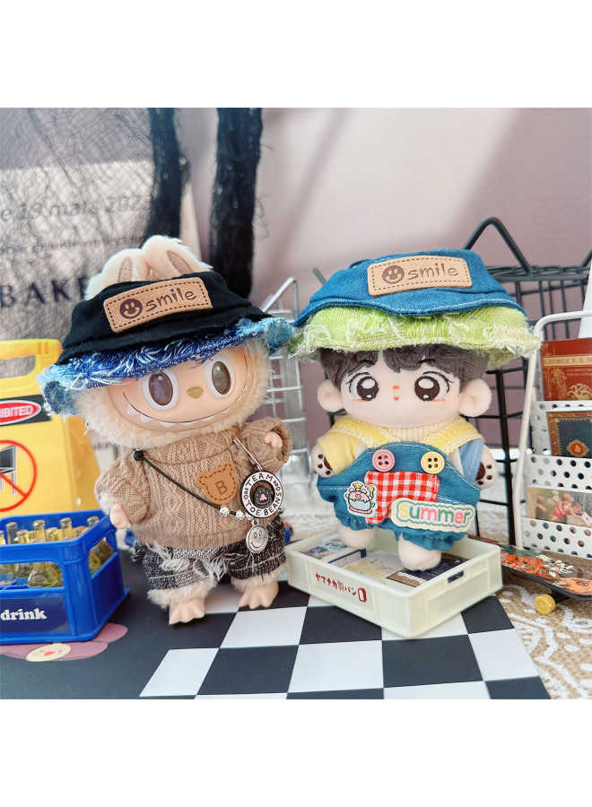 Baby Clothes 10cm Cotton Doll 15cm Overalls T-Shirt Spliced Tassel Fisherman Hat Pull Cloth Clothing Accessories-Specifications:10cm-Color:Dense Plaid Overalls Dark Brown - Image 2