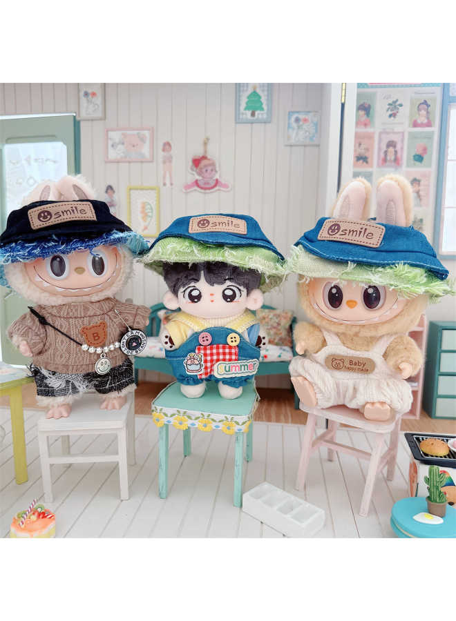 Baby Clothes 10cm Cotton Doll 15cm Overalls T-Shirt Spliced Tassel Fisherman Hat Pull Cloth Clothing Accessories-Specifications:10cm-Color:Dense Plaid Overalls Dark Brown - Image 5