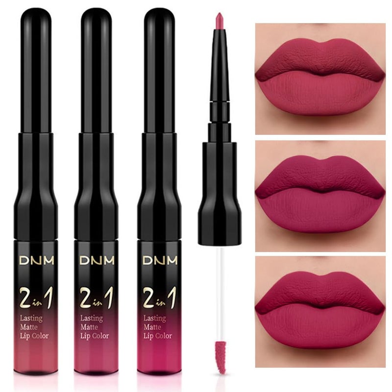 DNM 3Pcs Mauve pink Berry pink Rose red Lip Stain Paint Matte Lip Liner and Lipstick Set Long Lasting labiales matte mate larga duracion listip 24 hour a prueba de agua mate 24 horas originales - Image 1