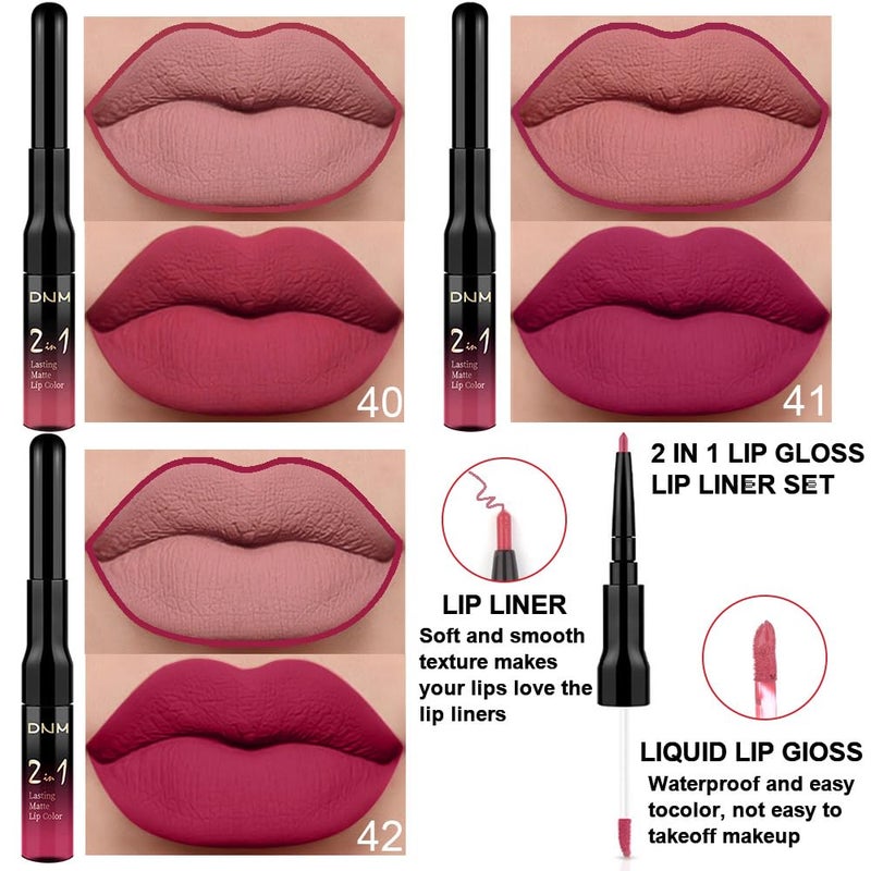 DNM 3Pcs Mauve pink Berry pink Rose red Lip Stain Paint Matte Lip Liner and Lipstick Set Long Lasting labiales matte mate larga duracion listip 24 hour a prueba de agua mate 24 horas originales - Image 2