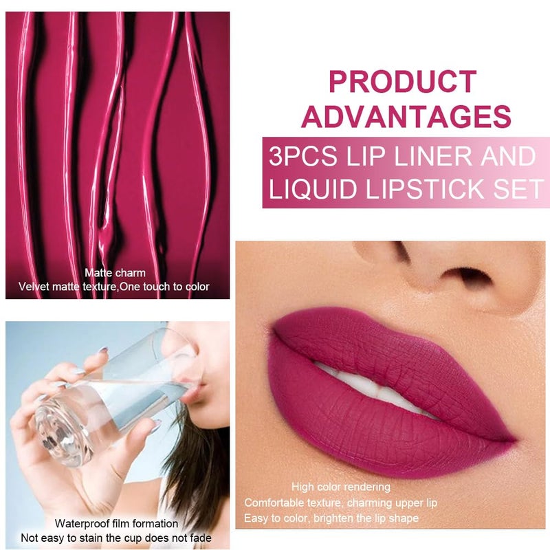 DNM 3Pcs Mauve pink Berry pink Rose red Lip Stain Paint Matte Lip Liner and Lipstick Set Long Lasting labiales matte mate larga duracion listip 24 hour a prueba de agua mate 24 horas originales - Image 3