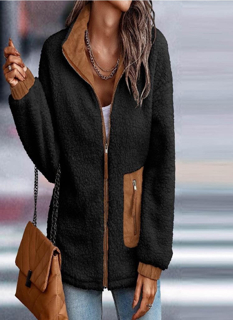 Eckek - Womens Winter Coats Lapel Sharpe Fleece Patchwork Pocket Coat Fall Long Sleeve Zip Up Casual Fashion Warm Top Coat - Image 1