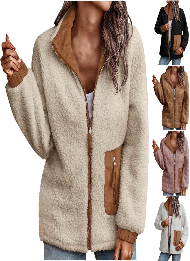 Eckek - Womens Winter Coats Lapel Sharpe Fleece Patchwork Pocket Coat Fall Long Sleeve Zip Up Casual Fashion Warm Top Coat - Image 1