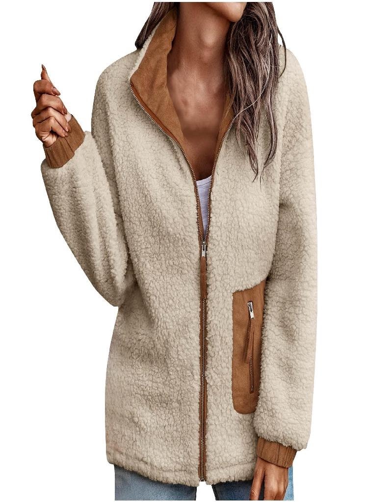 Eckek - Womens Winter Coats Lapel Sharpe Fleece Patchwork Pocket Coat Fall Long Sleeve Zip Up Casual Fashion Warm Top Coat - Image 1