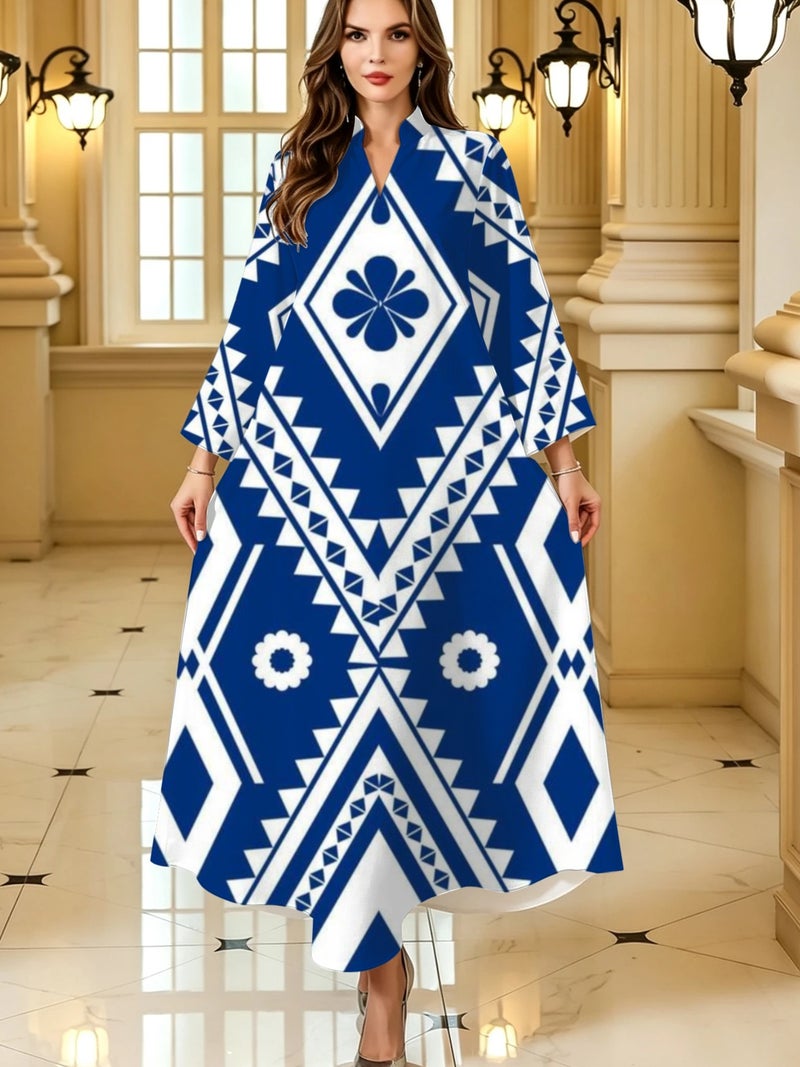 Ethnic Diamond Floral Geometric Print Flare Long Sleeve Loose‑Fit Abaya - Image 1