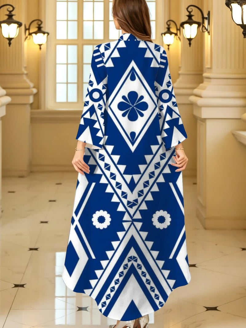 Ethnic Diamond Floral Geometric Print Flare Long Sleeve Loose‑Fit Abaya - Image 4