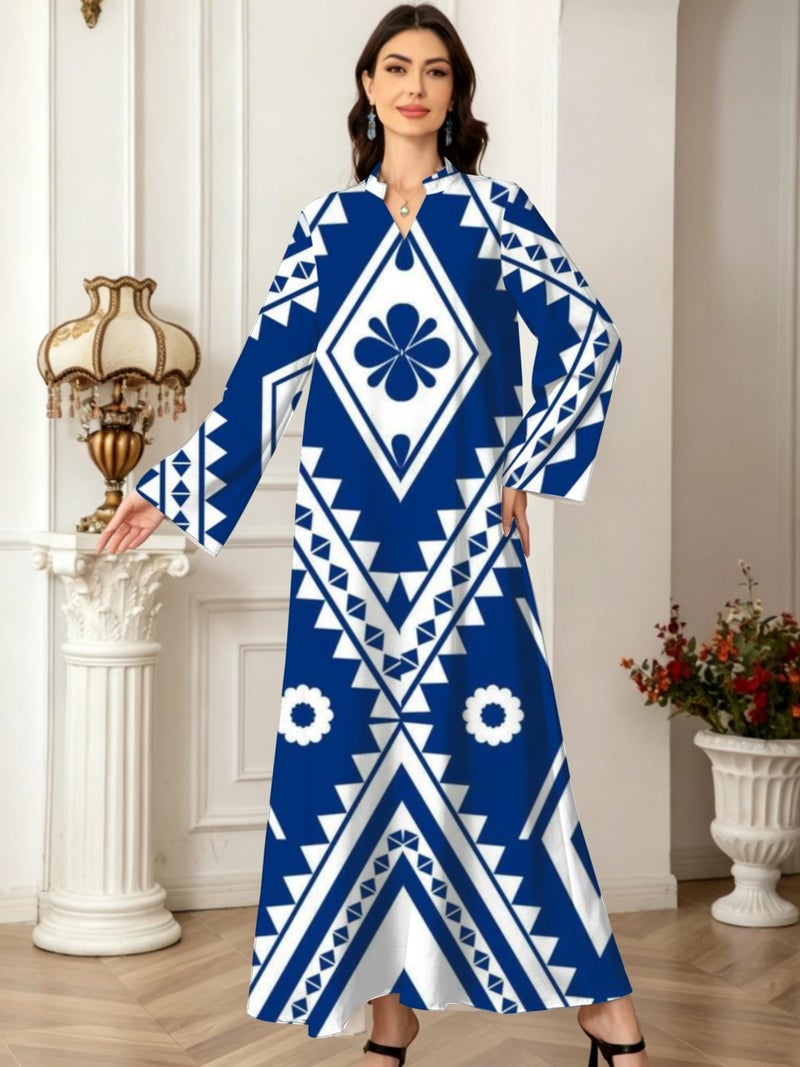 Ethnic Diamond Floral Geometric Print Flare Long Sleeve Loose‑Fit Abaya - Image 2