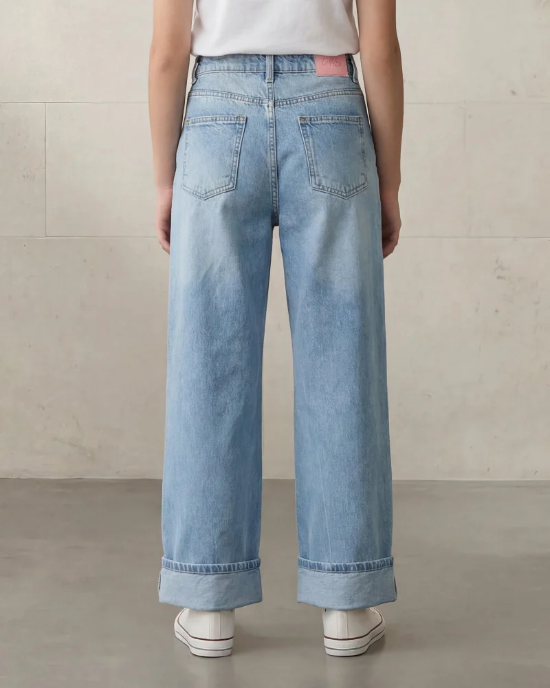 Redtag Senior Girls Light Wash Wide Leg Folded Hem Jeans With Belt