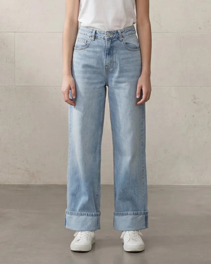 Redtag Senior Girls Light Wash Wide Leg Folded Hem Jeans With Belt