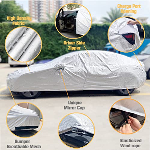 ROCCS Tesla Model 3 Car Cover Waterproof All Weather Full Exterior Car Cover Rain Snow UV Heat Protection with Charg Port Opening,Zipper for Tesla Model 3 Outdoor Accessories - Image 2