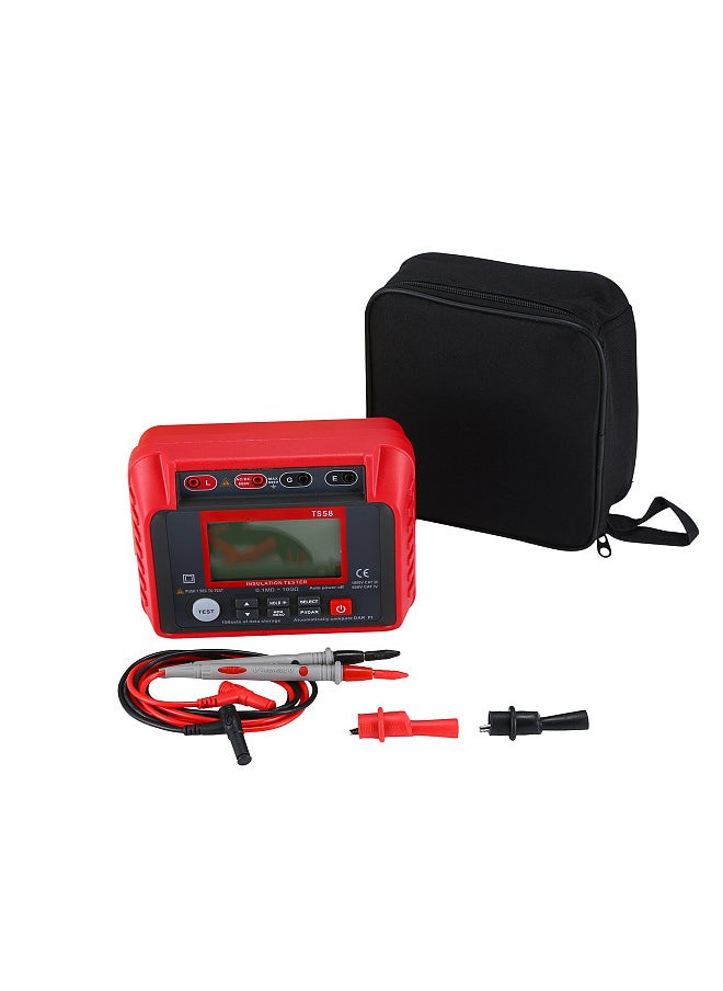 TS58 Digital Insulation Resistance Tester 0.1MΩ-10GΩ Megohmmeter with LCD Backlit Display AC DC 10-600V Maximum 2000 Counts DAR PI Index Insulated Resistance Meter Kit with Zipper Bag