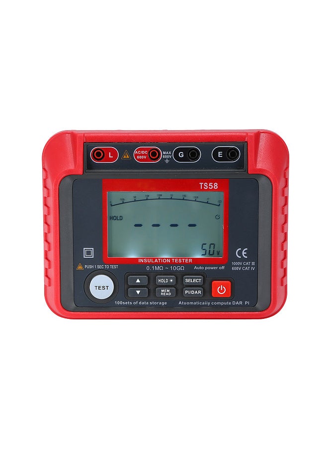 TS58 Digital Insulation Resistance Tester 0.1MΩ-10GΩ Megohmmeter with LCD Backlit Display AC DC 10-600V Maximum 2000 Counts DAR PI Index Insulated Resistance Meter Kit with Zipper Bag