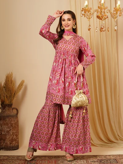 globus Women Floral Printed A-Line Gotta Patti Pure Cotton Kurta With Sharara & Dupatta