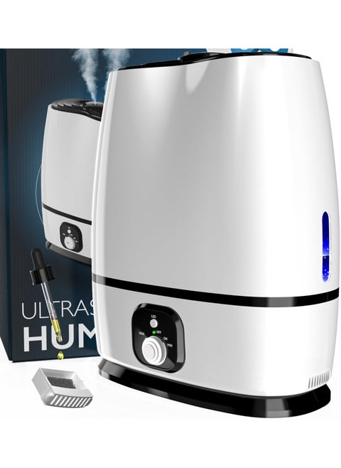 Cool Mist Humidifier For Bedroom 6L - Filterless Quiet Ultrasonic - Large Room Home Air Vaporizer With Diffuser And Essential Oil Tray White