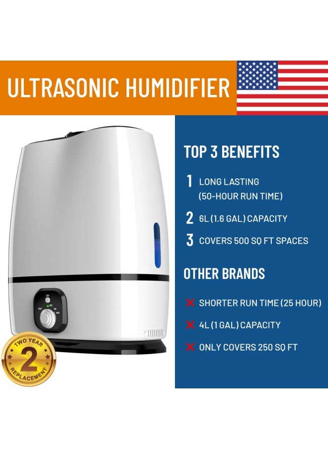 Cool Mist Humidifier For Bedroom 6L - Filterless Quiet Ultrasonic - Large Room Home Air Vaporizer With Diffuser And Essential Oil Tray White