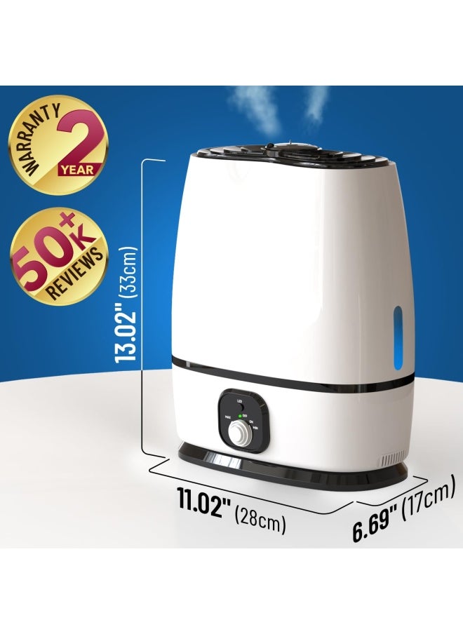 Cool Mist Humidifier For Bedroom 6L - Filterless Quiet Ultrasonic - Large Room Home Air Vaporizer With Diffuser And Essential Oil Tray White