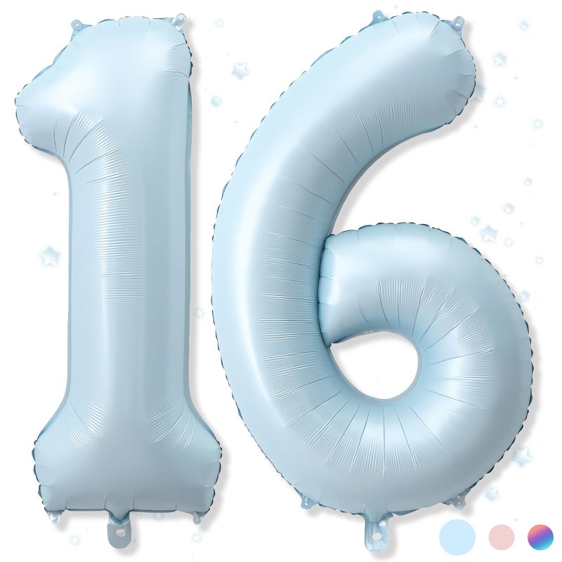 Froova Big Number 16 Balloons, Light Matte Blue Foil 16 Balloon Numbers 40 Inch, Giant 16th Birthday Party Decor, Pastel Baby Powder Blue Mylar Self Inflating Balloon for Boys Men Anniversary Decorations - Image 1