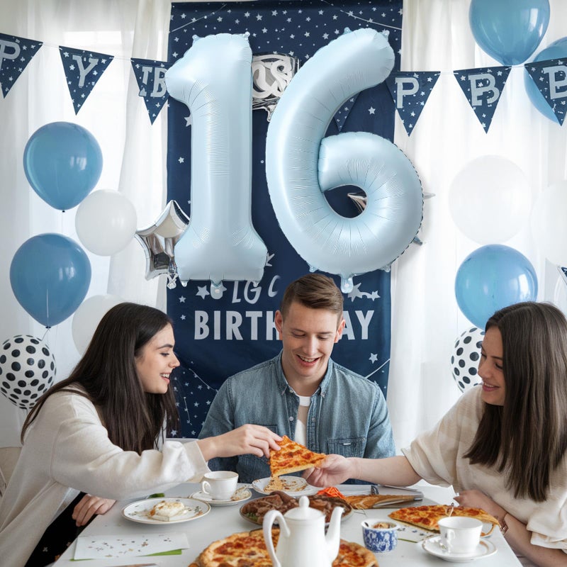 Froova Big Number 16 Balloons, Light Matte Blue Foil 16 Balloon Numbers 40 Inch, Giant 16th Birthday Party Decor, Pastel Baby Powder Blue Mylar Self Inflating Balloon for Boys Men Anniversary Decorations - Image 4