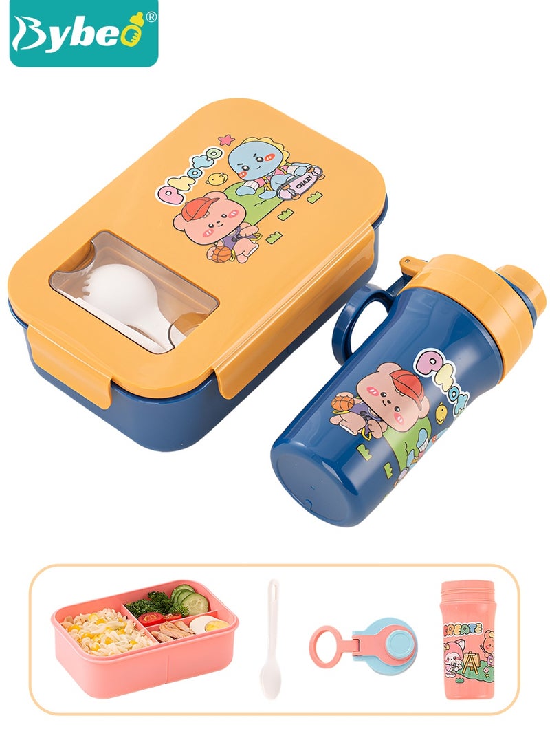 Bybeo Portable Kids Bento Box Set, Children Lunch Box with Water Bottle for School, Snack Containers for Travel, 3 Compartments Meal Prep Removable Divider, BPA Free, Microwave & Dishwasher Safe - Image 1