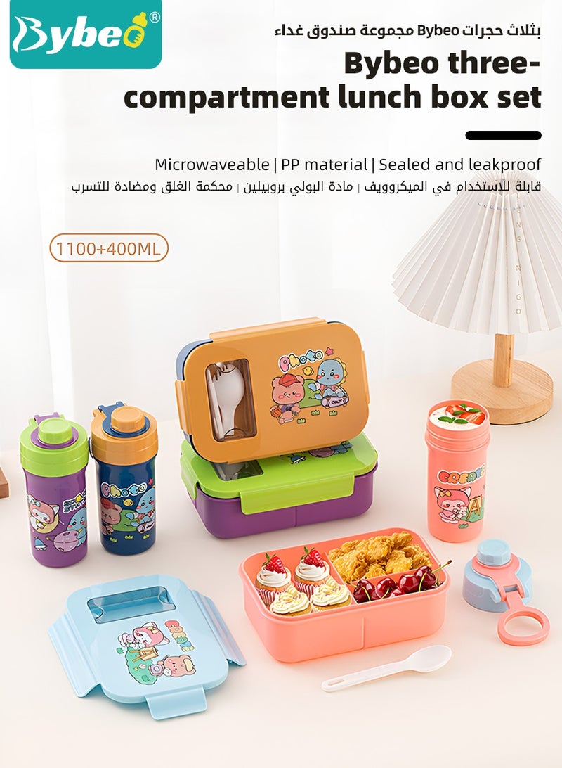 Bybeo Portable Kids Bento Box Set, Children Lunch Box with Water Bottle for School, Snack Containers for Travel, 3 Compartments Meal Prep Removable Divider, BPA Free, Microwave & Dishwasher Safe - Image 2