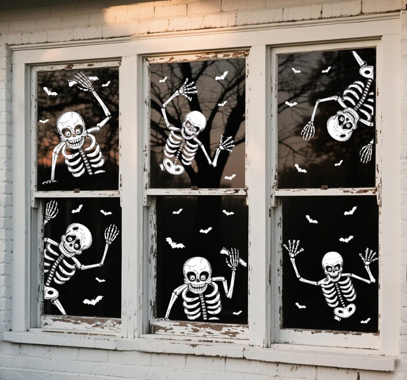 74pcs Giant Halloween Window Clings Decorations 8 Sheets 6 Skeleton Window Stickers Scary White Skull Window Silhouettes Decal for Indoor Bathroom Glass Door Decor Home Haunted House Party Supplies