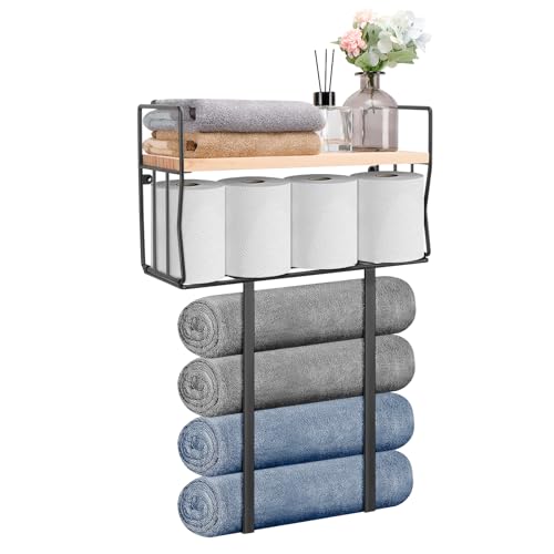 Livabber Towel Racks for Bathroom Metal Towel Storage Holder for Roll Towels Wall Mounted Towel Organizer with Storage Basket and Wooden Shelf for Small Spaces Black - Image 1