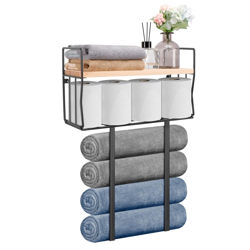Livabber Towel Racks for Bathroom Metal Towel Storage Holder for Roll Towels Wall Mounted Towel Organizer with Storage Basket and Wooden Shelf for Small Spaces Black - Image 2