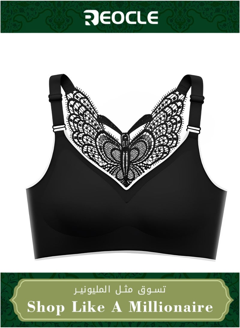 REOCLE Women's Wire-Free Push Up Bra Seamless Front Closure Lace Butterfly Daily Bra Butterfly Embroidery Front Closure Bra Adjustable Butterfly Back Bras - Image 1