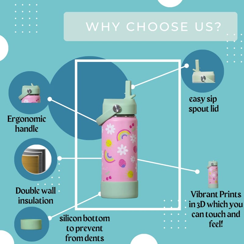TOM  BELL Insulated Water Bottle for Kids 500ml,Double Wall Water Bottle for School, Sipper Bottle,Hot and Cold, Premium 304 Stainless Steel. (Flower, 500ml) - Image 5