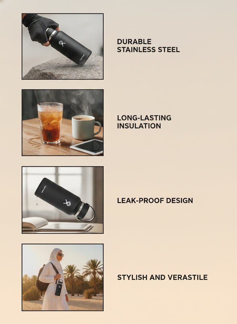 Hydro Flask Wide Mouth Water Bottle 946ml Double Wall Vacuum Insulated 18/8 Stainless Steel Tumbler Flex Cap with Rubber Carry Handle Keeps Cold 24H Hot 12H Leakproof Flask for Camping Hiking Gym Yoga Outdoor Travel Matte Multi Colors - Image 2