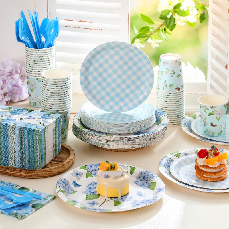 Sinmoe 400 Pcs Spring Plates and Napkins Set Paper Flower Dinnerware Disposable Party Supplies for 50 Guest Dinnerware Knife Fork Spoon for Spring Birthday Party(Blue Hydrangea) - Image 1