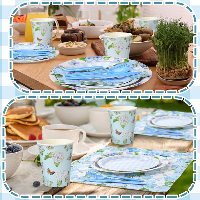 Sinmoe 400 Pcs Spring Plates and Napkins Set Paper Flower Dinnerware Disposable Party Supplies for 50 Guest Dinnerware Knife Fork Spoon for Spring Birthday Party(Blue Hydrangea) - Image 4