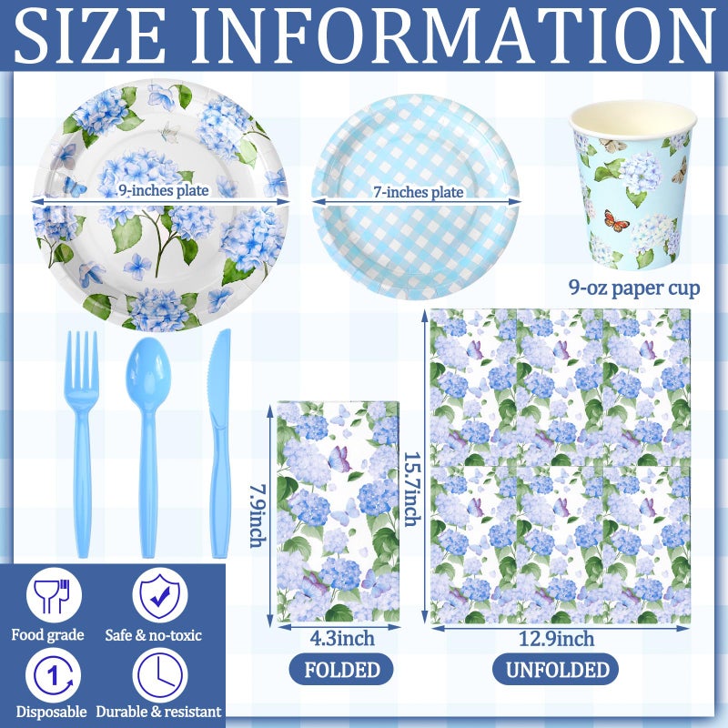 Sinmoe 400 Pcs Spring Plates and Napkins Set Paper Flower Dinnerware Disposable Party Supplies for 50 Guest Dinnerware Knife Fork Spoon for Spring Birthday Party(Blue Hydrangea) - Image 2