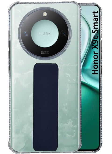 For Honor X9c Smart - Transparent Shock Proof Silicone- Magnetic Case With Hand Grip Holder & Kickstand -Clear/Navy Blue