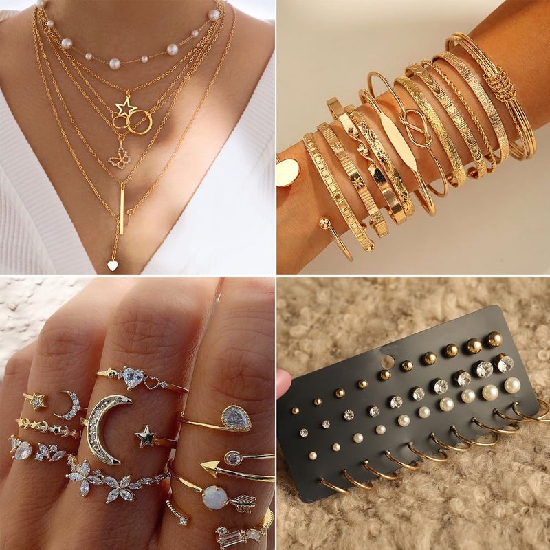 IFNODO 46Pcs Gold Jewelry Set for Women with 5 Necklace, 12 Bracelet, 5 Hoop Earrings, 15 Stud Earrings and 9 Rings Jewelry Set For Gifts for Women. - Image 3