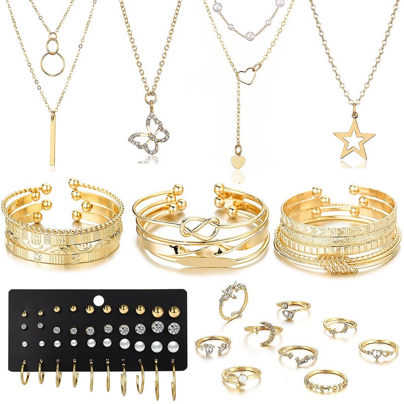 IFNODO 46Pcs Gold Jewelry Set for Women with 5 Necklace, 12 Bracelet, 5 Hoop Earrings, 15 Stud Earrings and 9 Rings Jewelry Set For Gifts for Women. - Image 1