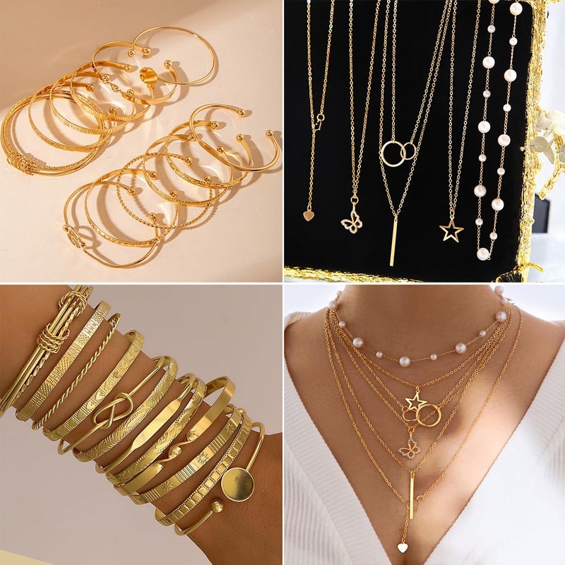 IFNODO 46Pcs Gold Jewelry Set for Women with 5 Necklace, 12 Bracelet, 5 Hoop Earrings, 15 Stud Earrings and 9 Rings Jewelry Set For Gifts for Women. - Image 2