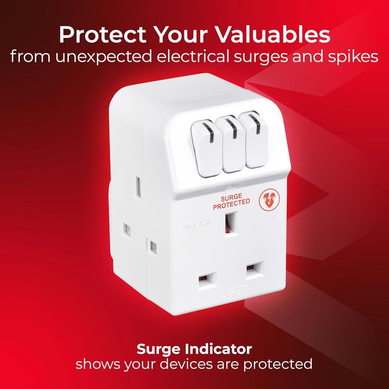 MASTERPLUG Three Socket Surge Protected Adaptor with Individual Switches - Image 2