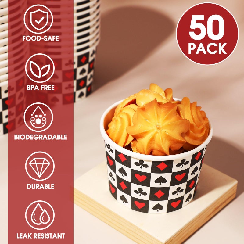 Funnymoom 50 Pack Casino Ice Cream Cups 9 oz Poker Disposable Dessert Bowls Paper Soup Bowls Playing Card Snack Cups for Hot or Cold Food for Casino Night Birthday Party Supplies - Image 2