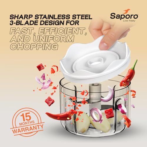 Saporo Strike Mini Rechargeable Vegetable Chopper for Kitchen - One Touch Operation - 3 Stainless Steel Blades for Chopping Onion, Mincing Garlic, Nuts, Meats - 250 ml Capacity, Blue - Image 3