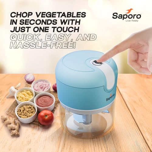Saporo Strike Mini Rechargeable Vegetable Chopper for Kitchen - One Touch Operation - 3 Stainless Steel Blades for Chopping Onion, Mincing Garlic, Nuts, Meats - 250 ml Capacity, Blue - Image 2