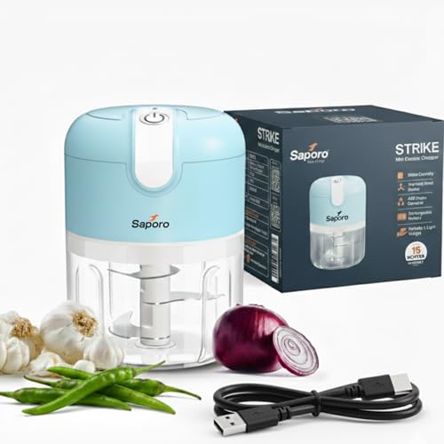 Saporo Strike Mini Rechargeable Vegetable Chopper for Kitchen - One Touch Operation - 3 Stainless Steel Blades for Chopping Onion, Mincing Garlic, Nuts, Meats - 250 ml Capacity, Blue - Image 1