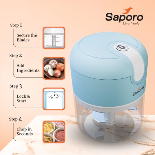 Saporo Strike Mini Rechargeable Vegetable Chopper for Kitchen - One Touch Operation - 3 Stainless Steel Blades for Chopping Onion, Mincing Garlic, Nuts, Meats - 250 ml Capacity, Blue - Image 4