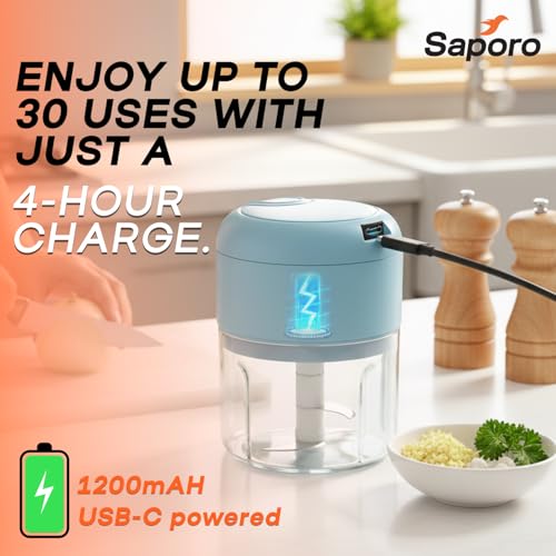 Saporo Strike Mini Rechargeable Vegetable Chopper for Kitchen - One Touch Operation - 3 Stainless Steel Blades for Chopping Onion, Mincing Garlic, Nuts, Meats - 250 ml Capacity, Blue - Image 5