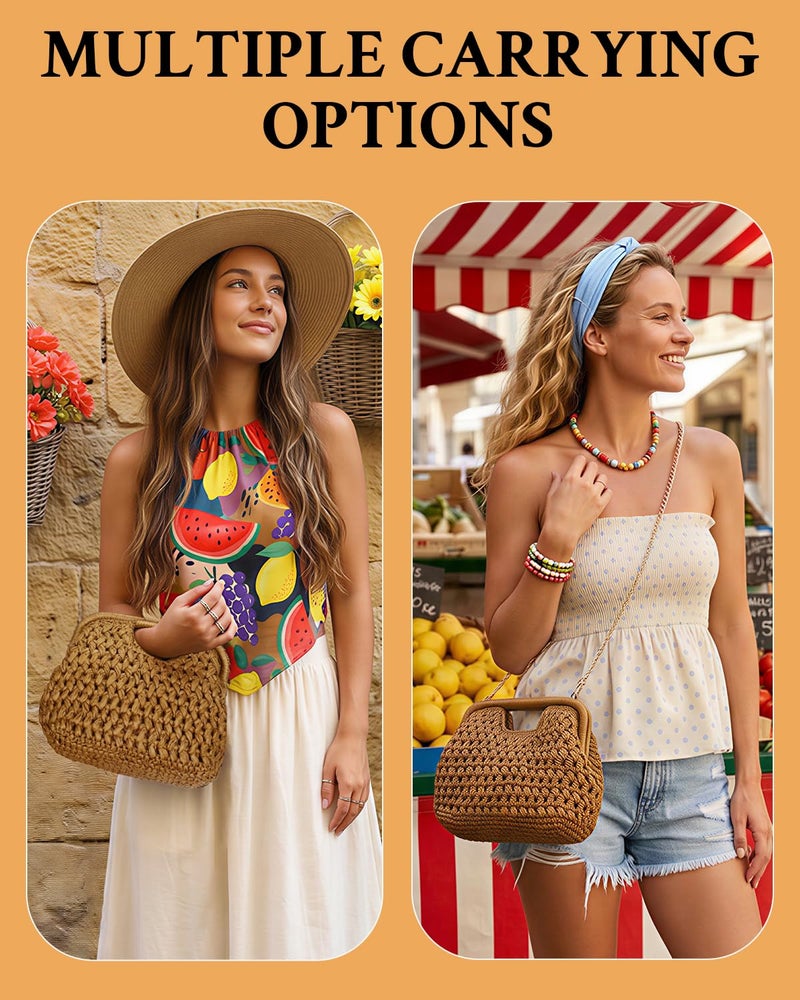 Herald Straw Woven Clutch Purse for Women, Beach Cloud Dumpling Pouch Evening Shoulder Crossbody Bag with Gold Chain (Brown) - Image 3