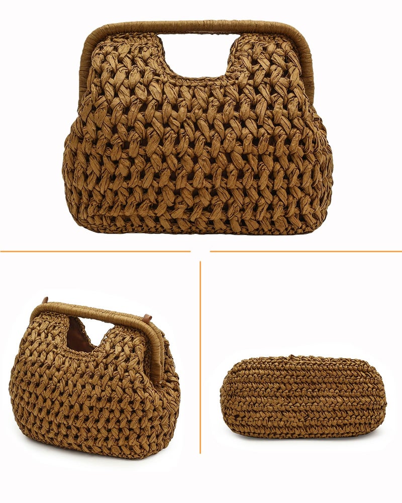 Herald Straw Woven Clutch Purse for Women, Beach Cloud Dumpling Pouch Evening Shoulder Crossbody Bag with Gold Chain (Brown) - Image 4