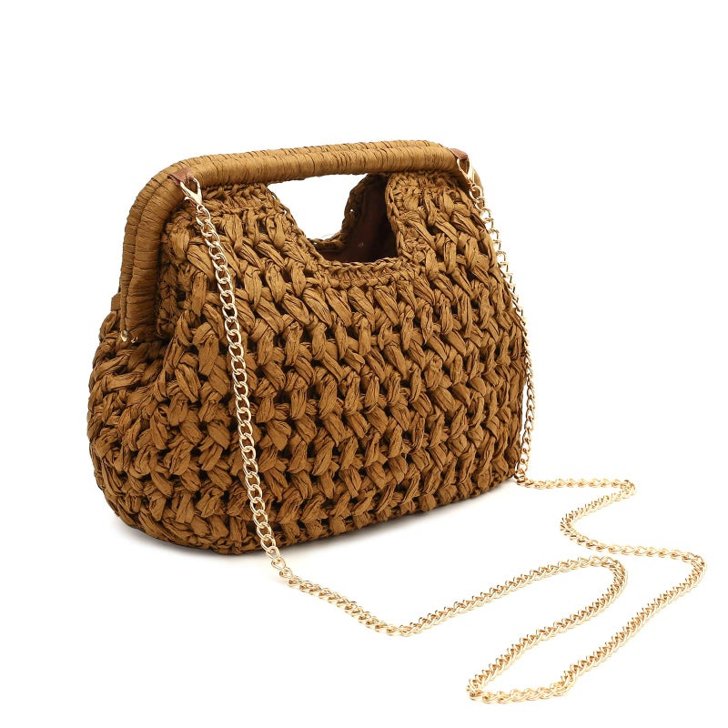 Herald Straw Woven Clutch Purse for Women, Beach Cloud Dumpling Pouch Evening Shoulder Crossbody Bag with Gold Chain (Brown) - Image 1