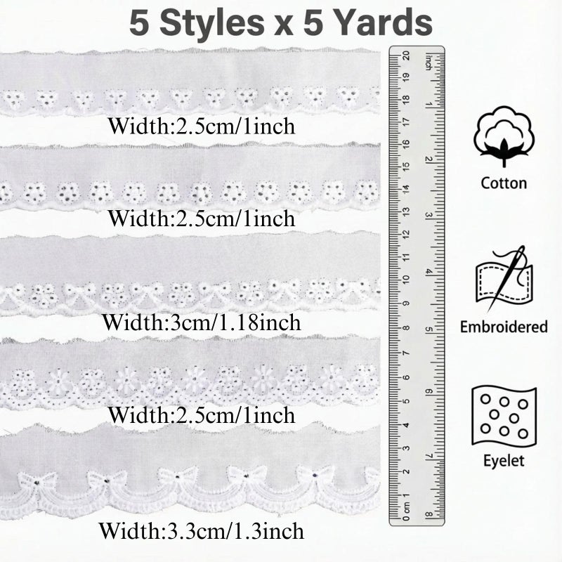GXTIZAS Eyelet Lace Trim Set - 25 Yards Total, 5 Styles x 5 Yards, White Embroidered Eyelet Lace Ribbon for Sewing, Crafts, Clothing, Home Decor - Image 2